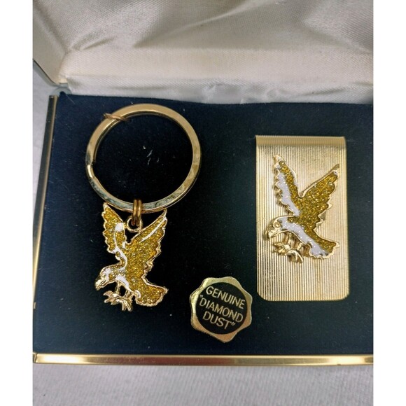 Marquis Genuine Diamond Dust Eagle Key Ring Matching Money Clip Gold Tone Metal - Picture 1 of 15